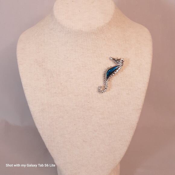 Seahorse Brooch Abalone Stone In Bezel Silver Tone Setting - Picture 1 of 6